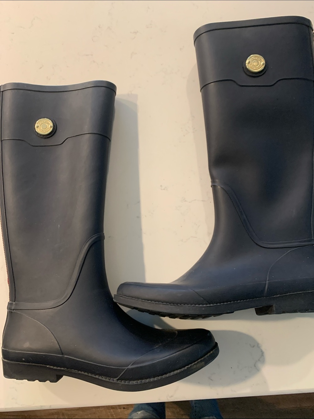 Tommy Hilfiger Black Knee-High Rain Boots with Gold Button Accent